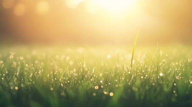 ahmadwahyuutomo776@gmail.com A tranquil meadow at dawn with tiny dew drops glistening on the grass in a foggy atmosphere.
