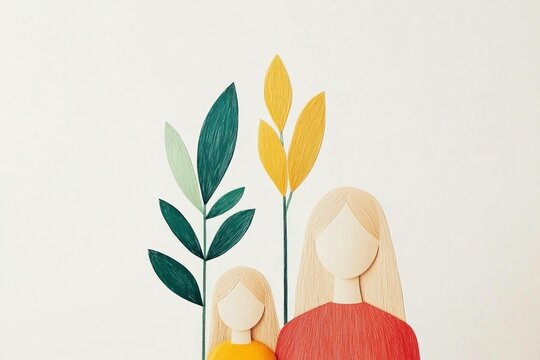 Abstract illustration of two women with long hair surrounded by leaves, representing family, nature, and connection, ideal for education or lifestyle themes