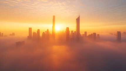 Fototapeta premium ahmadwahyuutomo776@gmail.com A futuristic city skyline at dawn, showcasing modern architecture and emerging light in a vibrant atmosphere.