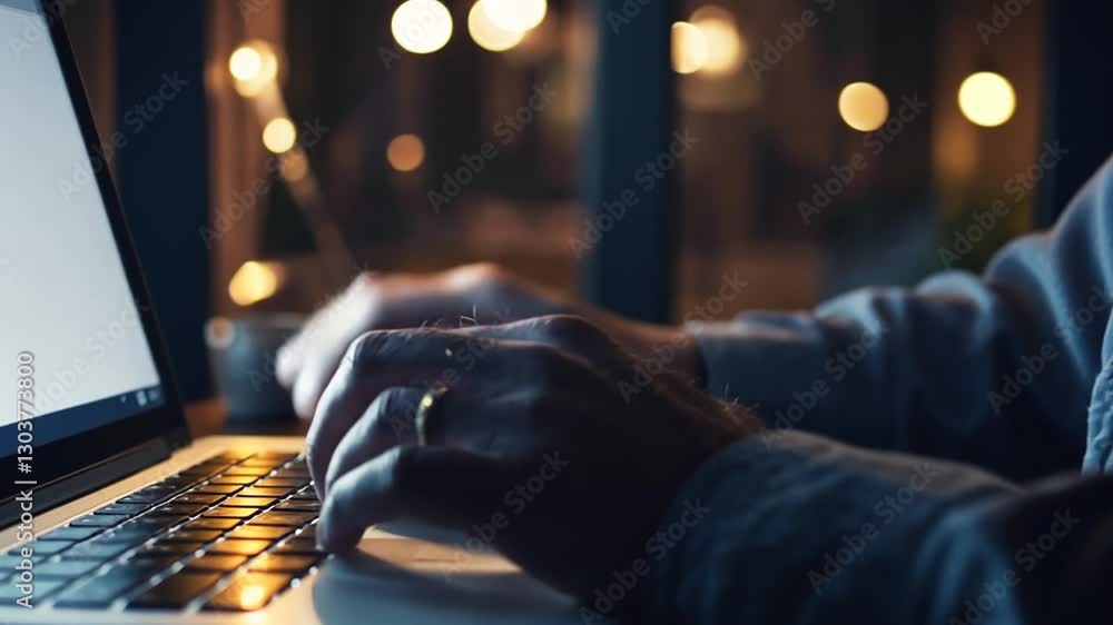 Poster close-up of hands typing on laptop in dimly lit environment with bokeh background