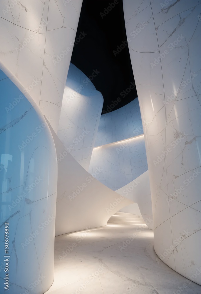 Aufkleber modern architectural interior. sweeping white walls and soft blue accents. curved forms create a sen