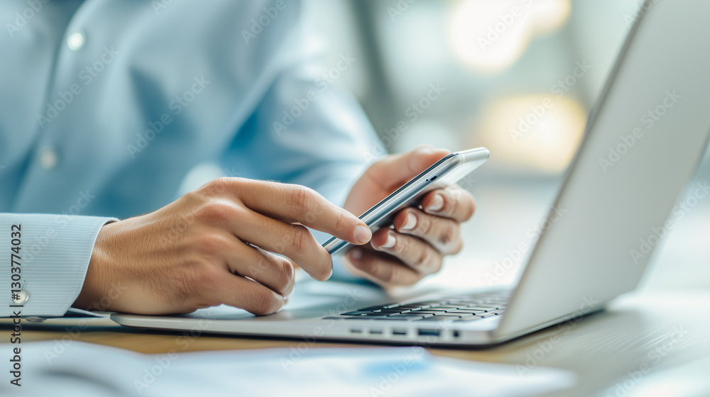 Poster seamless technology integration in business concept: a professional multitasks using a smartphone an