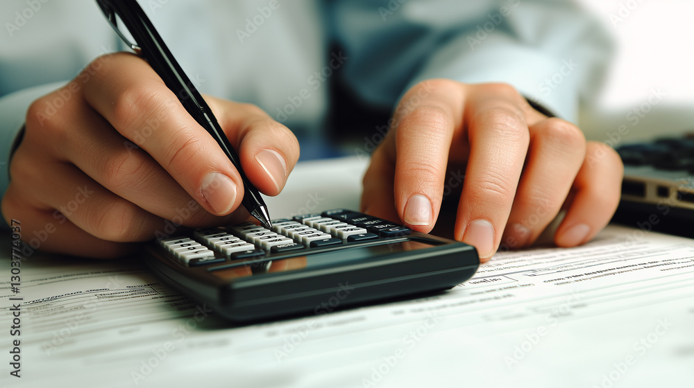 Poster financial analysis and planning concept: a professional meticulously calculates financial data using