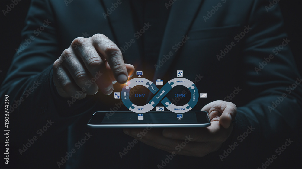 Poster innovative operational efficiency concept: a businessman engages with a virtual gear mechanism on a 