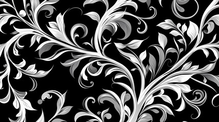 Black and white arabesque design with scrolls and leaves in a bold motif arranged in a seamless background pattern in square format. Flourish - Tree. Illustration
