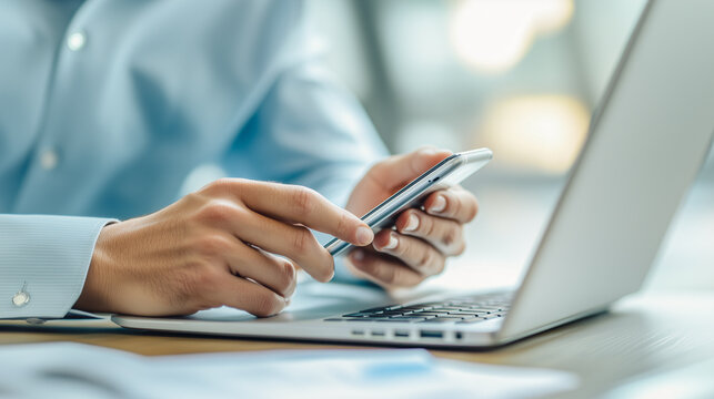 Seamless Technology Integration in Business Concept: A professional multitasks using a smartphone and laptop, demonstrating seamless integration of mobile technology in business operations.