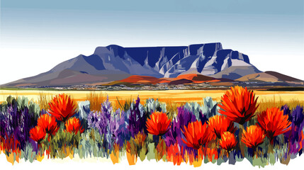 Fototapeta premium Vibrant Vector Illustration of Table Mountain with Colorful Wildflowers in Cape Town Scenic Landscape Art for Nature, Travel, Home Decor, and Graphic Design