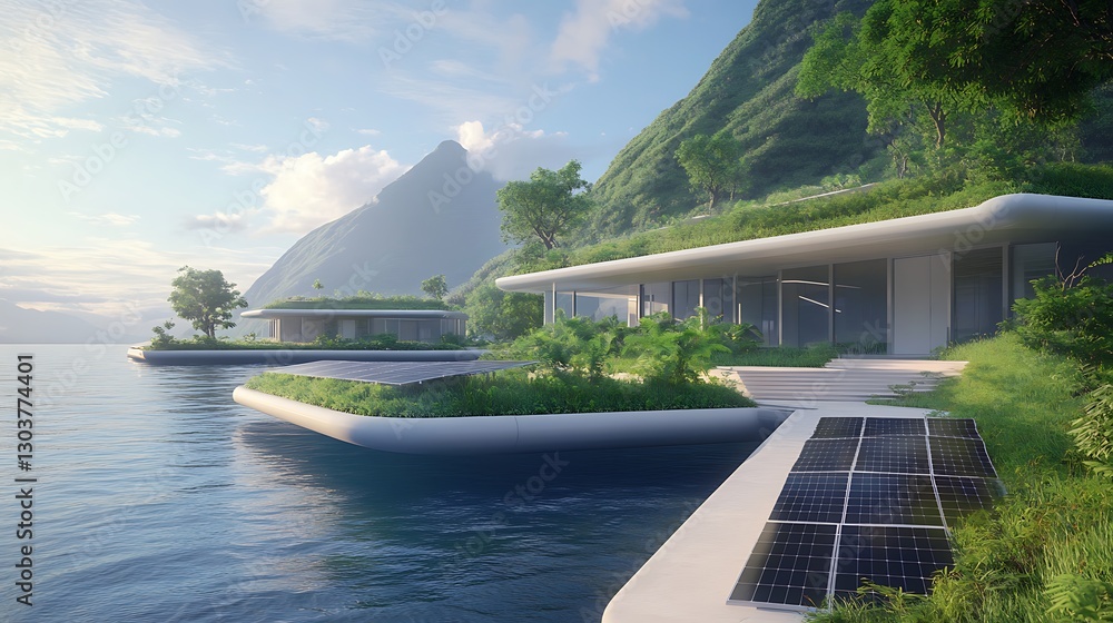 Poster ahmadwahyuutomo776@gmail.com futuristic floating solar city vision on the ocean, showcasing innovati