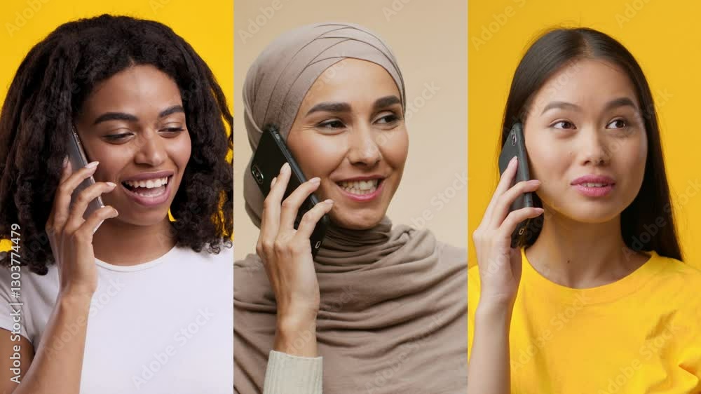 Poster three women of different backgrounds are happily conversing on their smartphones. the bright yellow 