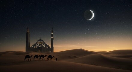 Obraz premium A serene desert scene at dusk with a camel and a mosque silhouette under a crescent moon