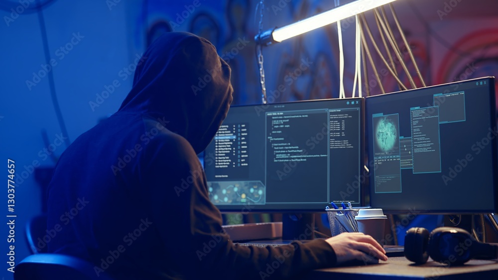 Poster hooded hacker creating pirating crack for software and video game releases in bunker. rogue programm