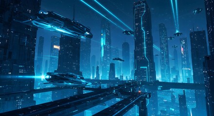 Future city concept, hi-tech, modern, blue theme and night view