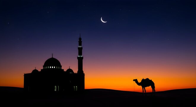 A serene desert scene at dusk with a camel and a mosque silhouette under a crescent moon - Powered by Adobe