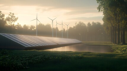 ahmadwahyuutomo776@gmail.com Futuristic green energy farm featuring solar panels in a vibrant setting.