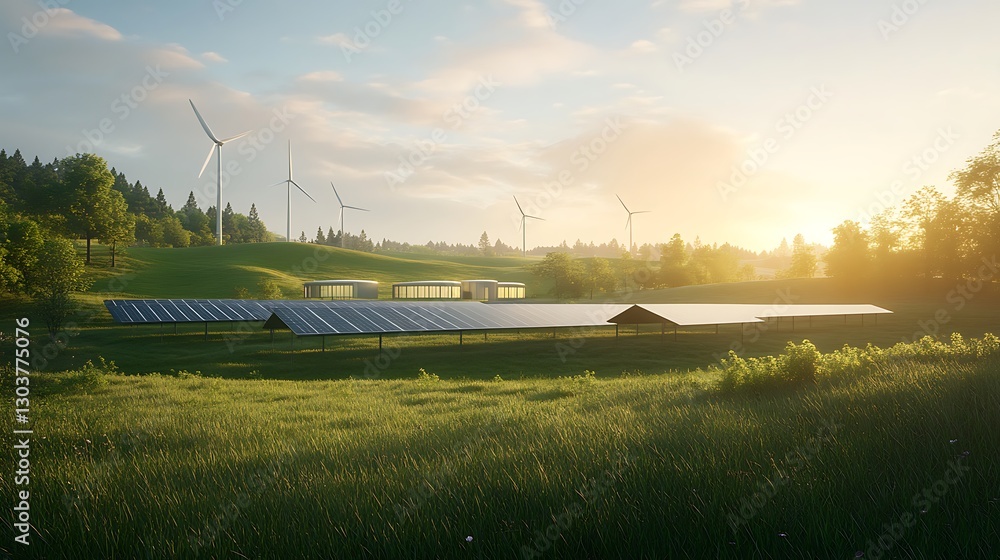 Poster ahmadwahyuutomo776@gmail.com futuristic green energy farm featuring solar panels, showcasing sustain