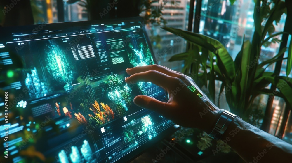 Poster engineer interacts with a futuristic transparent computer screen displaying complex data visualizati