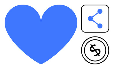 Blue heart, share icon, and dollar symbol representing love, connection, support, sharing, financial relationships, generosity and well-being. Ideal for finance social media charity teamwork