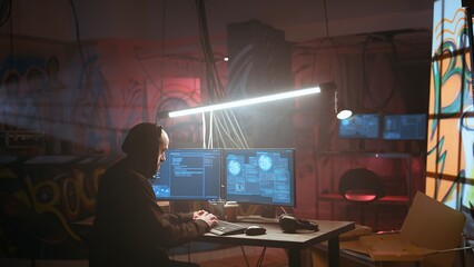 Hacker running phishing software on computer in criminals den with graffiti sprayed on walls....