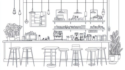Obraz premium Interior line drawing of a modern cafe
