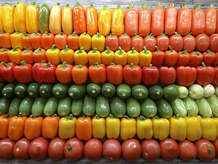 Colorful veggies stacked at market on wood