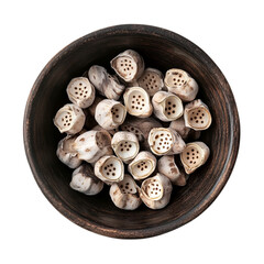 Dried Lotus Seed Pods in Bowl isolated on transparent background
