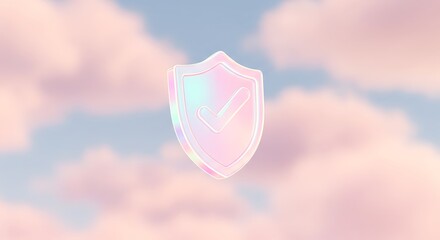 Fototapeta premium Illustration of holographic shield with checkmark over pastel clouds - safety for digital media