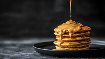Warm Stack of Pancakes Drizzled with Creamy Peanut Butter Cascading Down the Sides, Perfect for a Delicious Breakfast Treat in a Cozy Setting