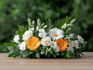 Vibrant floral arrangement featuring orange gerbera daisies and white roses in a lush garden setting