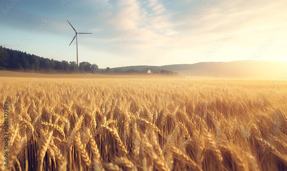 Poster ahmadwahyuutomo776@gmail.com A scenic view of a golden wheat field featuring a windmill under clear skies.