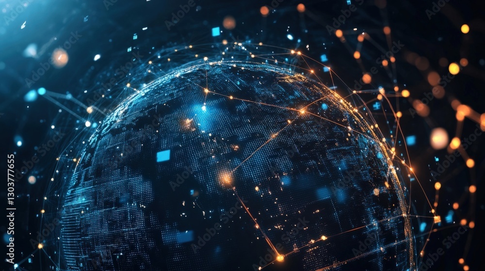 Poster digital earth rotating in space, featuring a futuristic network of glowing nodes, visualizing the dy