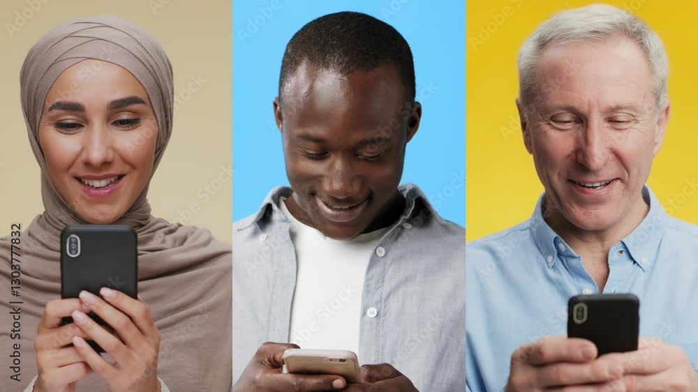 Poster a group of three individuals, each from different backgrounds, smiles and interacts with their smart