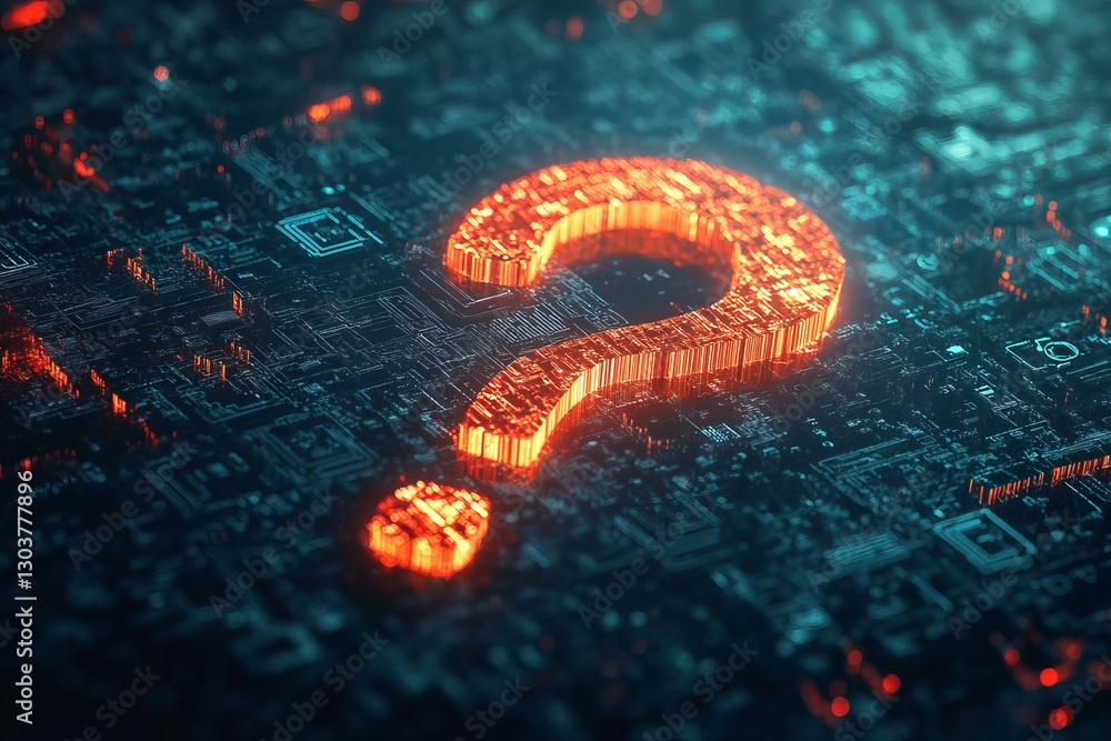 Poster glowing orange question mark on circuit board digital technology abstract background modern futurist
