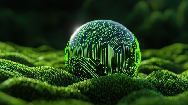 Futuristic sphere with circuit patterns on green surface