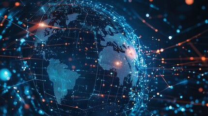 Futuristic digital planet earth rotating slowly, covered by network connections and data exchange, symbolizing global communication and technology