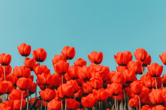 A vibrant field of blooming red tulips against a clear blue sky, showcasing the beauty of spring, color contrast, and nature s elegance in full bloom