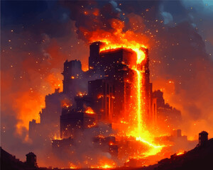 Obraz premium Captivating Fantasy Castle Amidst Glowing Lava Flows and Fire: Mesmerizing Digital Art Illustration with Fiery Volcano Eruption Theme in Dramatic Landscape