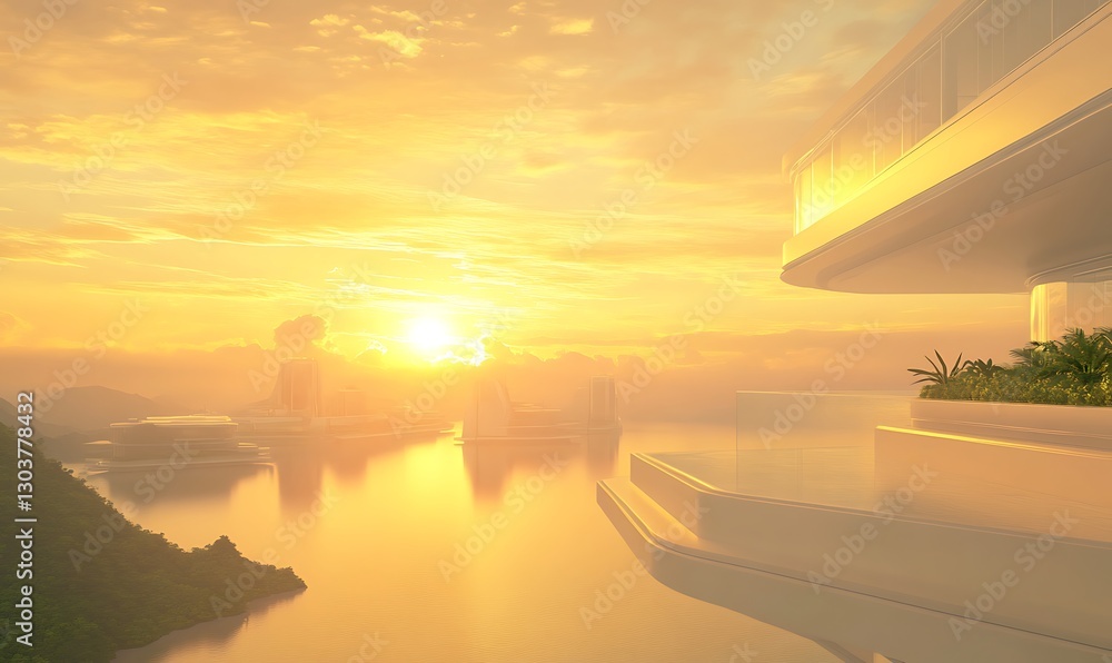 Poster ahmadwahyuutomo776@gmail.com futuristic floating city viewed from above, showcasing innovative archi