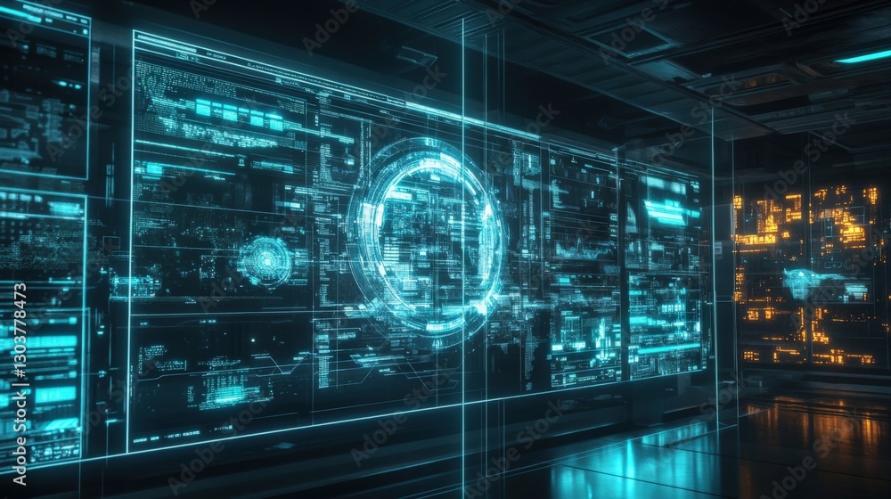Poster futuristic server room showing digital information processing data flowing on transparent screens wi