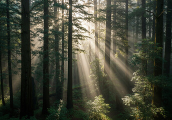 Obraz premium sun rays in the forest and trees