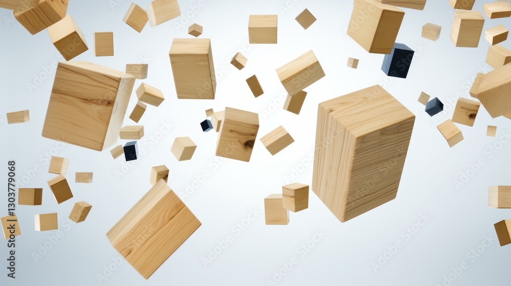 Poster experience the charm of wooden cubes gently cascading on a white backdrop, creating a playful and se
