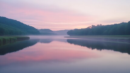 ahmadwahyuutomo776@gmail.com Majestic river reflecting pink hues of sunset, serene natural landscape image.
