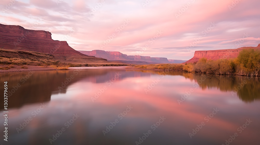 Poster ahmadwahyuutomo776@gmail.com a stunning river reflecting pink hues of sunset, perfect for nature and