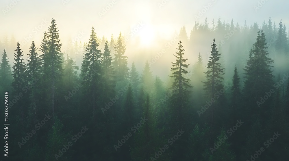 Poster ahmadwahyuutomo776@gmail.com A serene sunrise in a misty pine forest with sunbeams filtering through the trees.