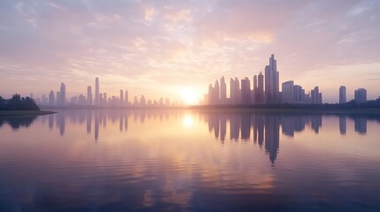 Fototapeta premium ahmadwahyuutomo776@gmail.com A glowing modern city skyline captured in the morning light, showcasing urban architecture and vibrant colors.