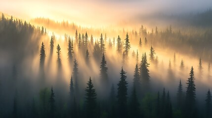 ahmadwahyuutomo776@gmail.com A serene sunrise in a misty pine forest with sunbeams filtering through the trees.