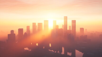 Fototapeta premium ahmadwahyuutomo776@gmail.com A vibrant modern city skyline glowing in the morning light, showcasing architectural beauty and urban life.