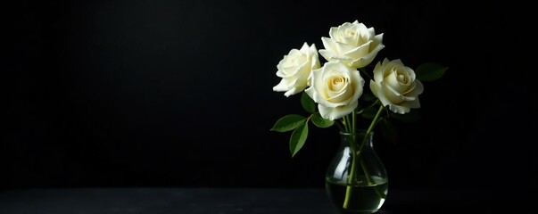 Fresh white roses in a simple glass vase on black background, roses, flowers