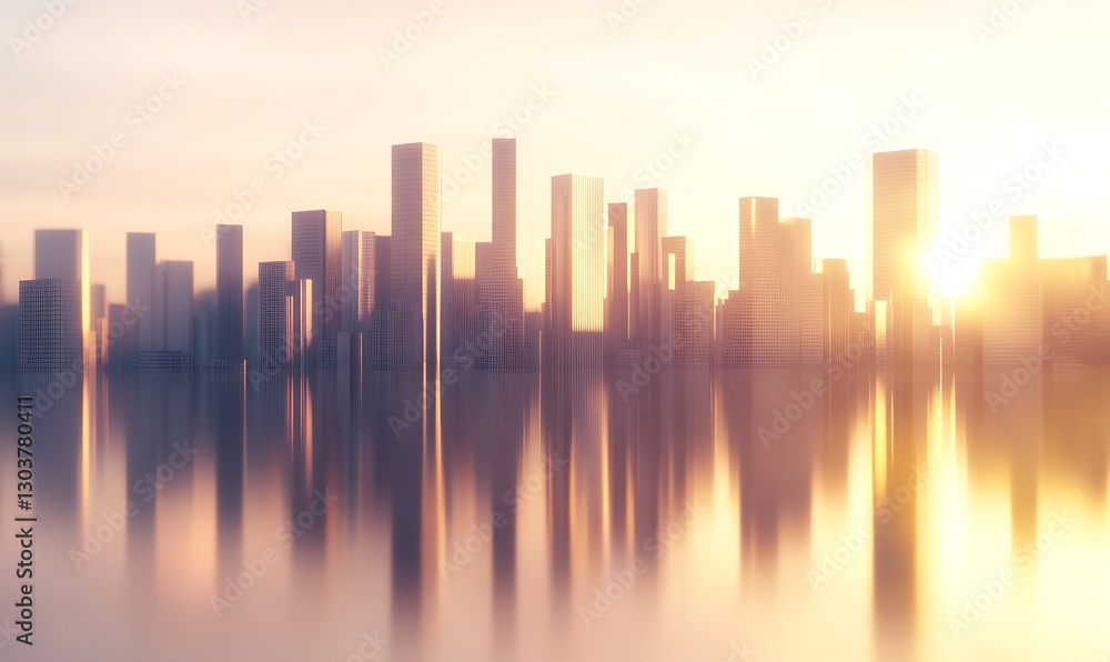 Poster ahmadwahyuutomo776@gmail.com Modern city skyline glowing in the morning light, showcasing urban architecture and vibrant colors.