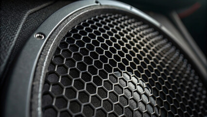 metal mesh of speaker grill texture, Close-up macro photograph of a black honeycomb speaker grill textured surface microphone, machine, object, design, washing, drum,dark background