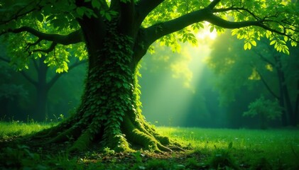 Fototapeta premium Dazzling greenery wraps around the trunk of an ancient tree, green, natural, forest